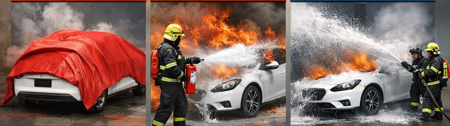 Comparing EV Fire Response Methods: EV Fire Blanket vs Fire Extinguisher vs Large Volumes of Water